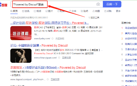 百度搜索输入Powered by Discuz服装所指令展示的搜索结果