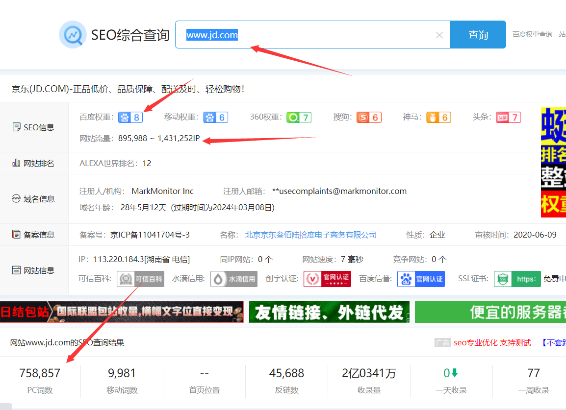 使用站长工具查看京东网站的数据