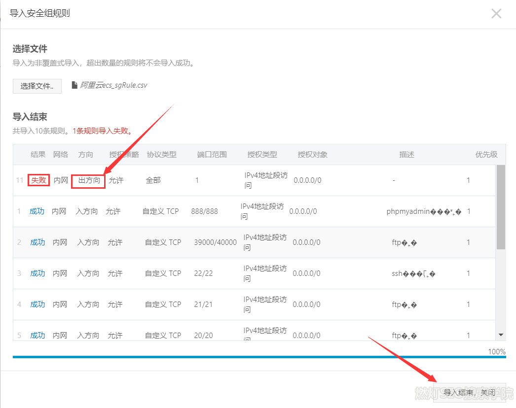 安全组规则导入成功界面